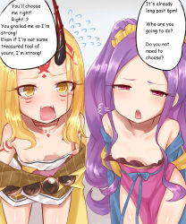 Rule 34 | 2girls, bare shoulders, blonde hair, breasts, collarbone, commentary request, downblouse, dress, facial mark, fangs, fate/grand order, fate (series), flying sweatdrops, forehead mark, highres, horns, ibaraki douji (fate), japanese clothes, kimono, leaning forward, long hair, makano mucchi, multiple girls, no bra, no nose, off shoulder, oni, oni horns, open mouth, pelvic curtain, purple dress, purple eyes, purple hair, scrunchie, short kimono, short yukata, shouting, small breasts, tattoo, translated, twintails, very long hair, wu zetian (fate), yellow eyes, yukata