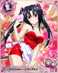 Rule 34 | 1girl, alternate costume, apron, bare arms, bare legs, bare shoulders, black hair, blush, breasts, c:, card (medium), character name, chess piece, cleavage, closed mouth, covered erect nipples, detached collar, dress, female focus, hair between eyes, hair ribbon, hand up, head tilt, heart, high school dxd, high school dxd infinity, king (chess), large breasts, legs, long hair, looking at viewer, official art, panties, pantyshot, pink eyes, pink panties, pink ribbon, red dress, ribbon, serafall leviathan, shiny skin, short dress, smile, solo, standing, strapless, strapless dress, trading card, tube dress, twintails, underwear, white apron