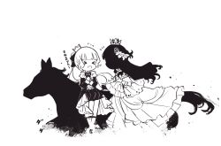 Rule 34 | 2girls, alternate costume, alternate hairstyle, bow, bowtie, cape, crown, dress, emilico (shadows house), epaulettes, frilled dress, frilled sleeves, frills, from side, greyscale, horseback riding, kate (shadows house), long sleeves, mini crown, monochrome, multiple girls, multiple riders, ponytail, profile, pumpkin pants, riding, shadow (shadows house), shadows house, shorts, sidelocks, soot, wide sleeves, yangcongjun071
