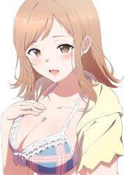 Rule 34 | 1girl, blush, breasts, cleavage, collarbone, hand on own chest, highres, idolmaster, idolmaster shiny colors, jacket, large breasts, light brown hair, looking at viewer, medium hair, misaki nonaka, sakuragi mano, simple background, smile, solo, upper body, white background, yellow jacket