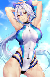 Rule 34 | 1girl, absurdres, armpits, arms behind head, arms up, blue bow, blue one-piece swimsuit, blue sky, blush, bow, breasts, competition swimsuit, day, fate/grand order, fate (series), hair between eyes, hair bow, highleg, highleg swimsuit, highres, large breasts, long hair, looking at viewer, nasaniliu, one-piece swimsuit, ponytail, red eyes, revision, silver hair, sky, smile, solo, swimsuit, thighs, tomoe gozen (fate), tomoe gozen (swimsuit saber) (fate), tomoe gozen (swimsuit saber) (first ascension) (fate), two-tone swimsuit, white one-piece swimsuit