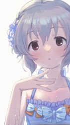 Rule 34 | 1girl, blush, braid, brown eyes, collarbone, dot nose, finger to own chin, flower, grey hair, hair flower, hair ornament, highres, idolmaster, idolmaster cinderella girls, idolmaster cinderella girls starlight stage, looking at viewer, lunalight-dg, mole, mole under eye, narumiya yume, parted lips, short hair, solo, swimsuit, wet