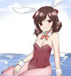 Rule 34 | 10s, 1girl, animal ears, bow, bowtie, brown hair, cloud, day, detached collar, drill hair, fake animal ears, hair bow, harukaze (kancolle), highres, kantai collection, leotard, long hair, pantyhose, pink pantyhose, playboy bunny, rabbit ears, re-arusu, red bow, red eyes, sitting, sky, smile, solo, twin drills, water, wrist cuffs