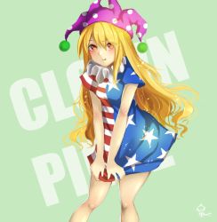 Rule 34 | 1girl, american flag dress, bare arms, blonde hair, character name, clownpiece, commentary request, dress, dress tug, green background, hat, hoshiringo0902, jester cap, leaning forward, long hair, neck ruff, no legwear, polka dot, pout, red eyes, short dress, short sleeves, signature, simple background, solo, standing, star (symbol), star print, striped clothes, striped dress, touhou, v arms, very long hair, wavy mouth