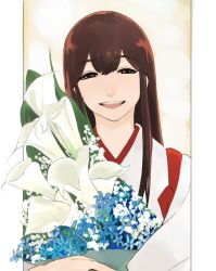 Rule 34 | 10s, 1girl, akagi (kancolle), bouquet, brown eyes, brown hair, flower, japanese clothes, kantai collection, long hair, looking at viewer, masato (mirai koubou), muneate, open mouth, smile, solo, straight hair