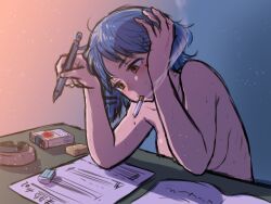 Rule 34 | 1girl, blue hair, bocchi the rock!, book, breasts, cigarette, cigarette pack, eraser, gussuripii, hair ornament, hairclip, hand on own head, highres, holding, holding pendulum, mechanical pencil, medium breasts, mouth hold, nude, open book, orange eyes, paper, pencil, short hair, simple background, sketch, smoke, smoking, solo, sweat, upper body, yamada ryo