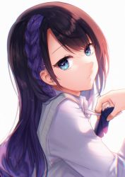 Rule 34 | 1girl, black hair, blue eyes, braid, collared shirt, commentary request, grey background, hand up, highres, kitasaya ai, long hair, looking at viewer, looking to the side, multicolored hair, original, parted lips, purple hair, shirt, simple background, solo, sweater vest, two-tone hair, white shirt