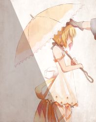 Rule 34 | 1boy, 1girl, black hairband, blonde hair, brother and sister, dress, edna (tales), from side, hairband, holding, holding umbrella, mishiro (andante), off shoulder, orange ribbon, ribbon, short dress, short hair, siblings, sleeveless, sleeveless dress, standing, tales of (series), tales of zestiria, umbrella, white dress