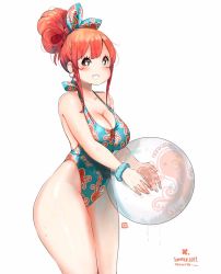 1girl, ball, bangs, beachball, blush, breasts, cleavage, cowboy shot, earrings, hair bun, highleg, highleg swimsuit, jewelry, kenron toqueen, large breasts, no nose, octopus print, one-piece swimsuit, original, parted lips, print swimsuit, red hair, sidelocks, simple background, smile, solo, swimsuit, thick thighs, thighs, tomatita, white background