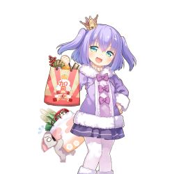 Rule 34 | 1girl, animal, aqua eyes, bag, coat, crown, hand on own hip, holding, koala, leggings, light purple hair, long sleeves, looking at viewer, official art, open mouth, pantyhose, rest and vacation, short hair, skirt, solo, transparent background, two side up, uchi no hime-sama ga ichiban kawaii, white pantyhose