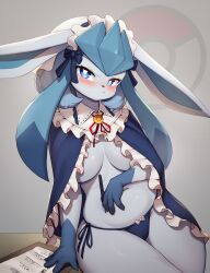 Rule 34 | 1girl, animal ears, animal nose, blue eyes, blue panties, blush, breasts, capelet, closed mouth, commentary, creatures (company), english commentary, furry, furry female, game freak, gen 4 pokemon, glaceon, glaceon (tea party), highres, holding, holding pen, looking at viewer, medium breasts, navel, nintendo, panties, pen, pokemon, pokemon (creature), pokemon unite, pout, sitting, snout, solo, stomach, thighs, underwear, whooo-ya