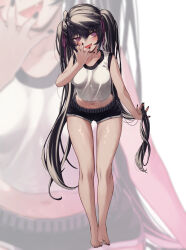Rule 34 | 1girl, ahoge, bare legs, black hair, black shorts, collarbone, commentary request, covering own mouth, fang, full body, hair between eyes, highres, holding, holding hair, long hair, mesugaki, nail polish, naughty face, navel, original, priite hari (torriet), purple eyes, shirt, short shorts, shorts, simple background, sleeveless, sleeveless shirt, smile, solo, standing, toenail polish, toenails, torriet, very long hair, white background, white shirt, zoom layer