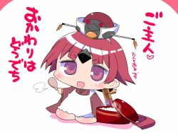 Rule 34 | 1girl, apron, benienma (fate), bird hat, blush stickers, chibi, comic, commentary request, fate/grand order, fate (series), hat, kneeling, long sleeves, looking at viewer, open mouth, ponytail, purple eyes, red hair, shamoji, sako (bosscoffee), short hair, smile, solo, translation request, white background, wide sleeves
