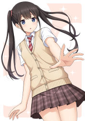Rule 34 | 1girl, :o, blue eyes, blush, brown hair, brown skirt, cardigan vest, collared shirt, commentary request, diagonal-striped clothes, diagonal-striped necktie, diagonal-striped neckwear, dress shirt, long hair, looking at viewer, nakamura sumikage, necktie, original, parted lips, plaid, plaid skirt, pleated skirt, red necktie, shirt, sidelocks, skirt, solo, sparkle, striped clothes, striped necktie, striped neckwear, twintails, very long hair, white shirt