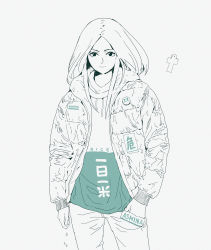 Rule 34 | &gt;:(, 1girl, alternate costume, ching yeh, contemporary, divine child of rejuvenation, drawstring, english text, eyelashes, hands in pockets, highres, hood, hooded jacket, hoodie, jacket, logo, long hair, long sleeves, looking at viewer, parted bangs, partially colored, rice, sekiro: shadows die twice, simple background, sketch, smile, standing, unzipped