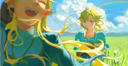 Rule 34 | 1boy, 1girl, beautiful comet, blonde hair, blue shirt, blue tunic, blurry, blurry foreground, closed eyes, cloud, cloudy sky, crossed arms, earrings, field, fingerless gloves, gloves, hair between eyes, hand in own hair, highres, jewelry, laughing, link, long hair, long sleeves, looking at another, low ponytail, nintendo, open mouth, outdoors, parted lips, pointy ears, princess zelda, rainbow, shirt, sidelocks, sky, smile, teeth, the legend of zelda, the legend of zelda: breath of the wild, upper teeth only
