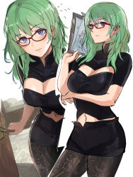 Rule 34 | 1girl, absurdres, black shirt, blouse, blue eyes, blush, breasts, byleth (female) (fire emblem), byleth (fire emblem), cleavage, cleavage cutout, clipboard, clothing cutout, fire emblem, fire emblem: three houses, glasses, green eyes, hair between eyes, highres, large breasts, long hair, midriff, multiple views, navel, nintendo, ormille, pantyhose, pencil skirt, shirt, shorts, skirt, test score, thighs, white background