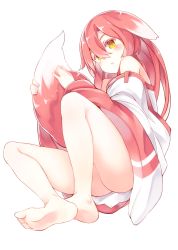 Rule 34 | 1girl, animal ears, ass, bare legs, bare shoulders, barefoot, blush, ears down, full body, haatia (otokuyou), highres, hugging own tail, hugging tail, japanese clothes, kimono, long hair, looking at viewer, open mouth, original, otokuyou, pink hair, simple background, sitting, soles, solo, tail, white background, yellow eyes