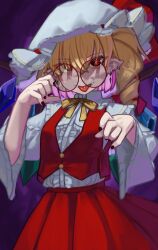 Rule 34 | 1girl, absurdres, bespectacled, blonde hair, bow, bowtie, crystal, drill hair, ear piercing, earrings, fangs, flandre scarlet, frills, glasses, hat, highres, jewelry, long sleeves, mob cap, nail polish, piercing, pointy ears, red eyes, red nails, red skirt, red vest, round eyewear, shirt, side ponytail, skirt, solo, tongue, tongue out, tongue piercing, touhou, vest, white shirt, wide sleeves, wings, yellow bow, yellow bowtie, zakozako y