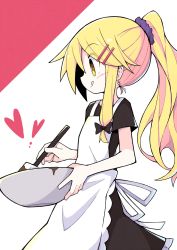 Rule 34 | 1girl, :q, alternate costume, alternate hairstyle, apron, asameshi, black bow, black dress, blonde hair, bow, bowl, bright pupils, chocolate, commentary, dress, from side, hair bow, hair ornament, hairclip, heart, highres, holding, holding bowl, holding spatula, kirisame marisa, long hair, mixing bowl, ponytail, purple scrunchie, scrunchie, short sleeves, single sidelock, solo, spatula, tongue, tongue out, touhou, upper body, white background, white pupils, yellow eyes