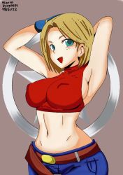 Rule 34 | 1girl, armpits, arms behind head, blonde hair, blue eyes, blue mary, breasts, covered erect nipples, denim, fatal fury, green eyes, highres, jeans, large breasts, looking at viewer, midriff, okyou, open mouth, pants, short hair, smile, snk, the king of fighters