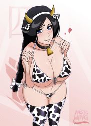 Rule 34 | 1girl, animal ears, animal print, bell, bikini, black hair, bleach, blue eyes, breasts, cleavage, collar, cow ears, cow horns, cow print, cowbell, heart, highres, horns, large breasts, long hair, mature female, mistowing, navel, neck bell, solo, swimsuit, thighhighs, unohana retsu