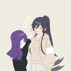 Rule 34 | 2girls, ^ ^, afterimage, black hair, blush, cheek poking, closed eyes, dog tail, facing another, fingernails, highres, hood, hoodie, idolmaster, idolmaster shiny colors, long hair, multiple girls, nail polish, ok sign, ok sign over cheek, outline, paddy field, poking, ponytail, purple hair, shirase sakuya, smile, tail, tail wagging, tanaka mamimi, very long hair, white hoodie, white outline