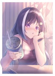 Rule 34 | 1girl, :o, absurdres, akausuko, bare arms, bare shoulders, black hair, blush, border, breasts, camisole, cat hair ornament, chair, cleavage, collarbone, cup, disposable cup, foreshortening, hair ornament, hairclip, hand on own cheek, hand on own face, highres, holding, holding cup, karyl (princess connect!), karyl (real) (princess connect!), looking at viewer, medium breasts, multicolored hair, outside border, parted lips, princess connect!, purple eyes, sitting, solo, streaked hair, upper body, v-shaped eyebrows, white border, white hair