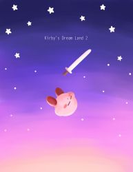 Rule 34 | absurdres, blush, blush stickers, closed eyes, closed mouth, copyright name, english text, falling, full body, gradient background, gradient sky, highres, kirby, kirby&#039;s dream land 2, kirby (series), midair, miwa (ahyuck), nintendo, outdoors, purple background, purple sky, sky, star (sky), star (symbol), sword, unconscious, upside-down, weapon