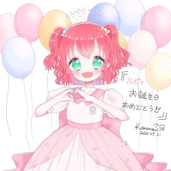 Rule 34 | 1girl, aqua eyes, artist name, artist request, back bow, balloon, blush, bow, candy hair ornament, collarbone, dress, female focus, food-themed hair ornament, frilled skirt, frills, green eyes, hair between eyes, hair ornament, heart, heart hands, highres, jewelry, karena-jiang, kurosawa ruby, love live!, love live! sunshine!!, necklace, parted lips, pearl necklace, pink bow, puffy short sleeves, puffy sleeves, red hair, short hair, short sleeves, skirt, smile, solo, twintails, white background, white dress, white skirt