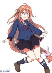 1girl absurdres antenna_hair black_skirt black_socks blue_sailor_collar blue_shirt brown_footwear crescent crescent_hair_ornament frilled_skirt frills hair_ornament highres kantai_collection long_hair looking_at_viewer low-tied_long_hair one-hour_drawing_challenge orange_eyes orange_hair rabbit_hair_ornament robinson_(day_l_full) sailor_collar school_uniform serafuku shirt simple_background skirt smile socks solo twitter_username uzuki_(kancolle) white_background