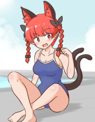Rule 34 | 1girl, animal ears, barefoot, black bow, blue one-piece swimsuit, bow, braid, breasts, cat ears, cat girl, cat tail, collarbone, commentary request, commission, extra ears, fang, hair bow, highres, indian style, kaenbyou rin, looking at viewer, medium breasts, mizusoba, multiple tails, nekomata, one-piece swimsuit, open mouth, pointy ears, red eyes, red hair, sitting, skeb commission, solo, swimsuit, tail, touhou, twin braids, two tails