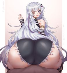 Rule 34 | 1girl, absurdres, artist request, ass, bare shoulders, come hither, from behind, hair ornament, heterochromia, highres, huge ass, long hair, looking at viewer, looking back, original, purple eyes, shiny clothes, shiny skin, short shorts, shorts, sitting, smile, solo, thick thighs, thighhighs, thighs, tongue, tongue out, very long hair, white hair, yellow eyes