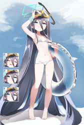 Rule 34 | 1girl, absurdly long hair, absurdres, aris (blue archive), arm up, bare arms, bare legs, bare shoulders, barefoot, bikini, black hair, blue archive, blue eyes, diving mask, diving mask on head, flat chest, full body, gluteal fold, goggles, goggles on head, highres, innertube, long hair, looking at viewer, lowleg, lowleg bikini, ringed eyes, silday, smile, solo, standing, swim ring, swimsuit, transparent, very long hair, white bikini