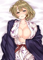 Rule 34 | 1girl, bed sheet, blue eyes, blush, breasts, brown hair, cleavage, collarbone, commentary request, floral print, from above, green eyes, heterochromia, highres, idolmaster, idolmaster cinderella girls, japanese clothes, large breasts, looking at viewer, lying, mole, mole under eye, on back, open clothes, shiokonbu, short hair, smile, solo, takagaki kaede, wide sleeves