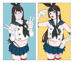 Rule 34 | 1girl, animal ears, armpits, black hair, black neckerchief, blue background, blue skirt, border, breasts, buttons, commentary request, cosplay, cowboy shot, double-breasted, elbow gloves, fake animal ears, glasses, gloves, green eyes, hand on own hip, highres, kantai collection, long hair, looking at viewer, midriff, multiple views, navel, neckerchief, ojipon, ooyodo (kancolle), open mouth, pleated skirt, sailor collar, semi-rimless eyewear, shimakaze (kancolle), shimakaze (kancolle) (cosplay), simple background, skirt, small breasts, striped clothes, striped thighhighs, thighhighs, v, very long hair, vest, white border, white gloves, white vest, yellow background