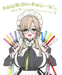 Rule 34 | 1girl, :d, ade (nikke), apron, black dress, blonde hair, blush, bowtie, braid, breasts, dress, fummy, glasses, glowstick, goddess of victory: nikke, green eyes, holding, holding glowstick, huge breasts, juliet sleeves, long hair, long sleeves, maid, maid headdress, open mouth, puffy sleeves, sidelocks, smile, solo, white apron, white bow, white bowtie