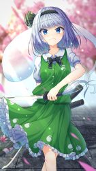 Rule 34 | 1girl, absurdres, black bow, black bowtie, black hairband, blue eyes, blurry, blurry background, bow, bowtie, buttons, cherry blossoms, closed mouth, feet out of frame, ghost, green skirt, green vest, grey hair, hairband, highres, holding, holding sword, holding weapon, konpaku youmu, konpaku youmu (ghost), light particles, looking at viewer, multiple swords, sheath, shirt, short hair, short sleeves, skirt, solo, standing, sword, sword behind back, touhou, v-shaped eyebrows, vest, weapon, white shirt, yosshy