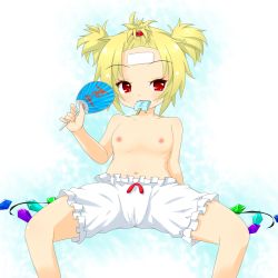 Rule 34 | 1girl, alternate hairstyle, blonde hair, bloomers, fang, flandre scarlet, flat chest, food, highres, himenomikan, low wings, navel, nipples, popsicle, red eyes, short hair, short twintails, solo, spread legs, topless, touhou, twintails, underwear, underwear only, white bloomers, wings