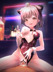Rule 34 | 1girl, animal ears, azur lane, bar censor, bare arms, bare shoulders, blurry, blurry background, blush, breasts, censored, clothing aside, collarbone, cowgirl position, cum, cum in pussy, cup, drinking glass, girl on top, grey hair, highres, lactation, leotard, leotard aside, looking at viewer, moemaru, open mouth, penis, playboy bunny, pov, saliva, sex, short hair, small breasts, solo focus, straddling, suzutsuki (azur lane)