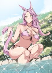 Rule 34 | 1girl, animal ear fluff, animal ears, aoi takeru, barefoot, bikini, breasts, cat ears, commission, duel monster, front-tie bikini top, front-tie top, highres, large breasts, long hair, navel, pink hair, side-tie bikini bottom, skeb commission, solo, swimsuit, tail, tri-brigade ferrijit the barren blossom, yellow eyes, yu-gi-oh!