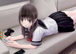 Rule 34 | 1girl, bad id, bad pixiv id, black eyes, black hair, black skirt, cable, can, cellphone, chikuwa (glossymmmk), chikuwa (odennabe), chips (food), commentary request, controller, couch, cushion, dualshock, dutch angle, food, game controller, gamepad, holding, holding phone, indoors, long hair, looking to the side, lying, neckerchief, on couch, on stomach, open mouth, original, phone, playstation controller, pleated skirt, red neckerchief, remote control, revision, school uniform, serafuku, short sleeves, skirt, smartphone, solo, twintails