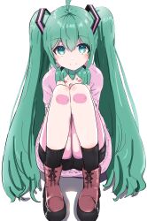 Rule 34 | 1girl, absurdres, ahoge, black socks, blush, blush stickers, boots, brown footwear, character doll, closed mouth, commentary, cross-laced footwear, doll, ekaki kukuma, full body, green eyes, green hair, hair between eyes, hair ornament, hatsune miku, highres, holding, holding doll, knees together feet apart, knees up, long hair, looking at viewer, open mouth, simple background, sitting, smile, socks, solo, twintails, very long hair, vocaloid, white background