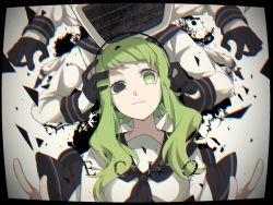 Rule 34 | 1girl, adjusting headphones, black gloves, blurry, debris, double v, echo (vocaloid), eiku, empty eyes, extra arms, gloves, green hair, gumi, half gloves, hand on another&#039;s head, headphones, heterochromia, highres, long sleeves, looking at viewer, multiple hands, parted lips, sailor collar, school uniform, screen, serafuku, short hair with long locks, sidelocks, song name, static, television, v, vocaloid, wavy hair