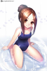 Rule 34 | 10s, 1girl, alternate hairstyle, arms at sides, artist name, bare arms, bare legs, bare shoulders, barefoot, black hairband, blue one-piece swimsuit, blush, breasts, brown eyes, brown hair, closed mouth, collarbone, competition school swimsuit, covered navel, forehead, full body, hair bun, hairband, jurrig, karakai jouzu no takagi-san, long hair, looking at viewer, on floor, one-piece swimsuit, parted bangs, petals, puddle, school swimsuit, shiny skin, sidelocks, single hair bun, sitting, small breasts, smile, solo, swimsuit, takagi-san, tareme, tile floor, tiles, wariza, water, watermark, web address, white background