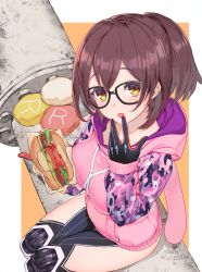 Rule 34 | 1girl, animal hood, blush, breasts, brown hair, burger, camouflage, camouflage hoodie, cheese, commentary, food, food bite, from above, glasses, hololive, hood, hoodie, izumi sai, joints, ketchup, lettuce, licking, licking finger, mechanical arms, mechanical legs, medium breasts, orange background, outside border, paw print, paw print pattern, pink hoodie, rabbit hood, roboco-san, roboco-san (hoodie), robot joints, short ponytail, simple background, single mechanical arm, sitting, solo, thighs, tomato, utility pole, virtual youtuber, yellow eyes