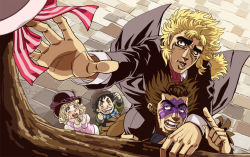Rule 34 | 1girl, 3boys, 9 lo, bad id, bad pixiv id, blonde hair, carrying, child, facial mark, from above, hat, jojo no kimyou na bouken, multiple boys, robert e. o. speedwagon, scar, shoulder carry, tattoo, tattoo (jojo no kimyou na bouken), tree