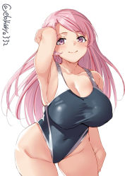 Rule 34 | 1girl, arm at side, arm behind head, armpits, bare arms, breasts, collarbone, competition swimsuit, covered erect nipples, covered navel, cropped legs, ebifurya, highleg, highleg swimsuit, highres, kantai collection, large breasts, leaning forward, long hair, looking at viewer, luigi di savoia duca degli abruzzi (kancolle), one-piece swimsuit, pink eyes, pink hair, puffy nipples, simple background, smile, solo, swept bangs, swimsuit, twitter username, white background