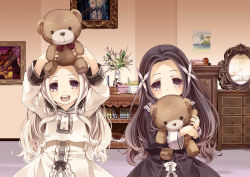 Rule 34 | 2girls, 54hao, :d, arms up, black bow, black dress, black hair, blush, book, bookshelf, bow, chest of drawers, commentary request, covered mouth, cup, dress, flower, hair ornament, head tilt, highres, holding, holding stuffed toy, indoors, long sleeves, looking at viewer, mirror, multiple girls, hugging object, open mouth, original, painting (object), parted bangs, picture frame, purple eyes, reflection, shirt, siblings, sidelocks, sisters, smile, stuffed animal, stuffed toy, teddy bear, twins, upper body, vase, white bow, white dress, white hair, white shirt, x hair ornament