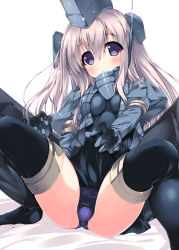 Rule 34 | 10s, 1girl, bad id, bad pixiv id, black thighhighs, blonde hair, blush, gloves, hat, kantai collection, long hair, looking at viewer, noto kurumi, purple eyes, solo, spread legs, thighhighs, u-511 (kancolle)